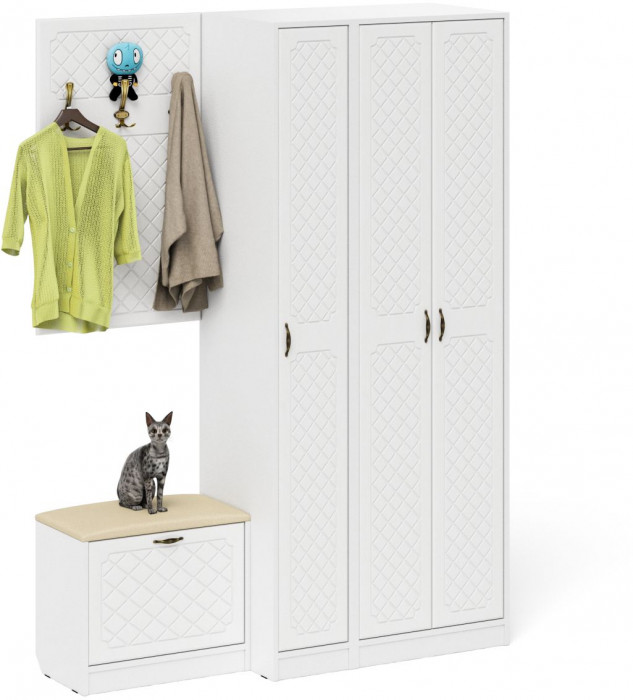 Прихожая П-6 Компоновка № 47, белая шагрень/фасады МДФ белое дерево фрезеровка ромб