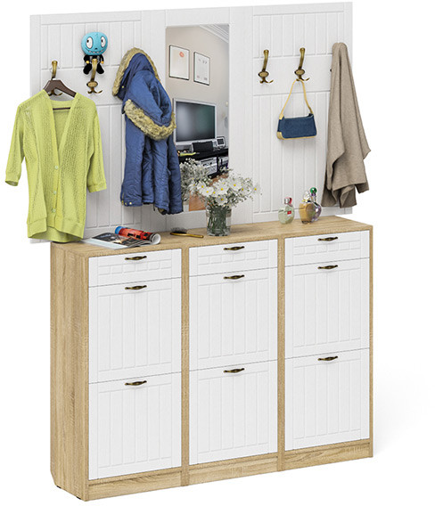 Прихожая П-6 Компоновка № 06, цвет дуб сонома/фасады МДФ белое дерево фрезеровка прованс, ШхГхВ 170х35х200 см., универсальная сборка