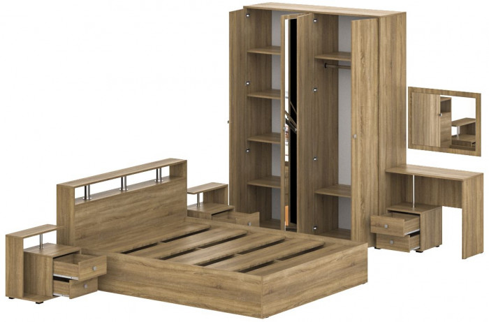 Камелия спальня № 2 Кровать 1600 + Две тумбы + Стол косметич. + Зеркало + Шкаф 4-х, дуб сонома