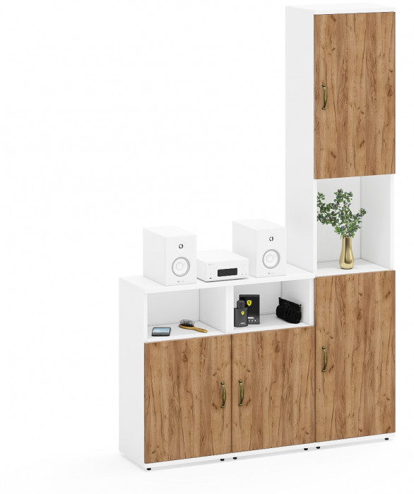 Лидер-8 Пенал + Тумба МД 3.19 + Тумба МД 3.19, белый шагрень/крафт золото