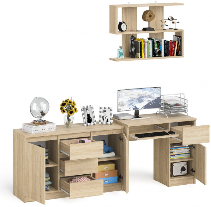 Мори компьютерный стол МС-1 правый + Комод МК1200.3 + Полка 900, дуб сонома