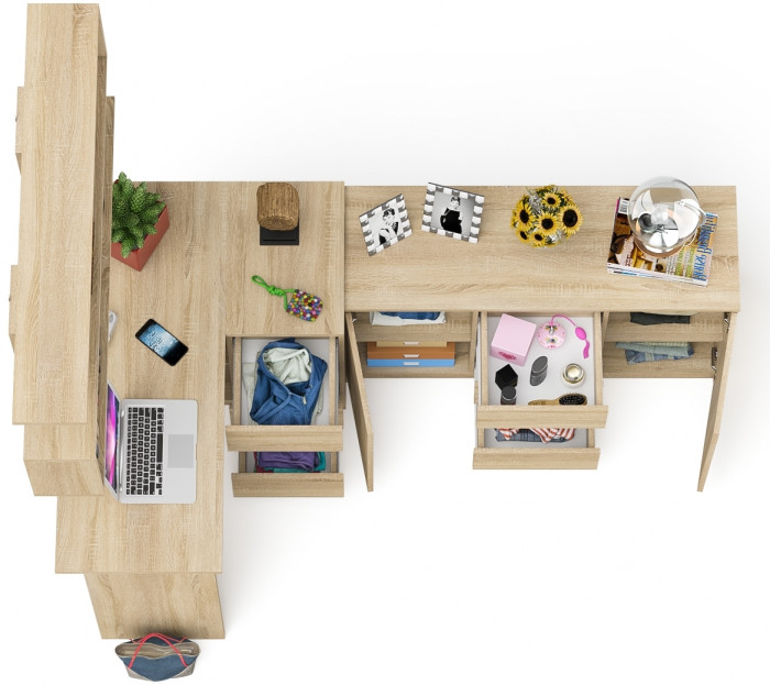 Мори компьютерный стол МС-16 правый + Комод МК1200.3 + Полка 1200, дуб сонома