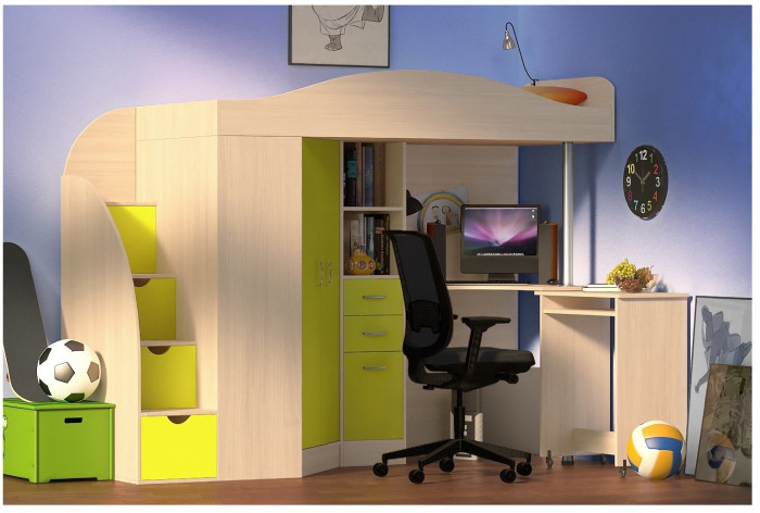 Кровать-чердак Юниор 4 (Белое дерево/Ирис)