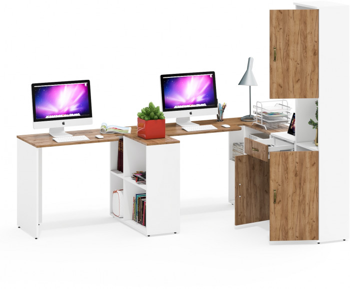 Лидер-8 Стол + Стол + Пенал + Тумба МД 3.15, цвет белый шагрень/крафт золото, ШхГхВ 410х50/30х75/190 см. или 230х50/160х75/190 см., НЕ универс. сборка