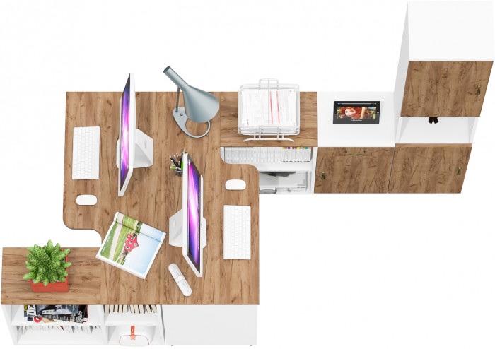 Лидер-8 Стол + Стол + Пенал + Тумба МД 3.15, цвет белый шагрень/крафт золото, ШхГхВ 410х50/30х75/190 см. или 230х50/160х75/190 см., НЕ универс. сборка