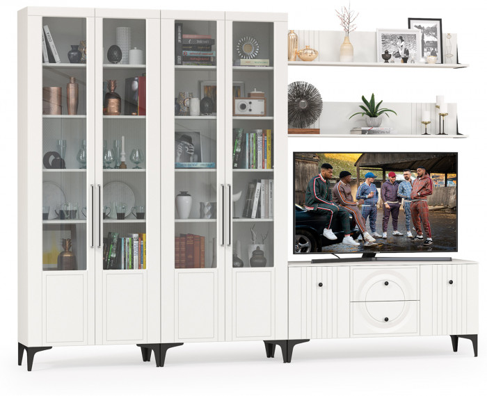 Валенсия Гостиная № 075, цвет ЛДСП белый шагрень/МДФ белый шагрень, ШхГхВ 301,3х38,3х225,2 см., универсальная сборка