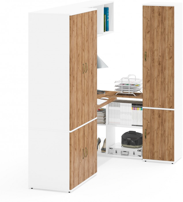 Лидер-8 Шкаф МД 19Б + Стол + Полка + Пенал 22Б, белый шагрень/крафт золото