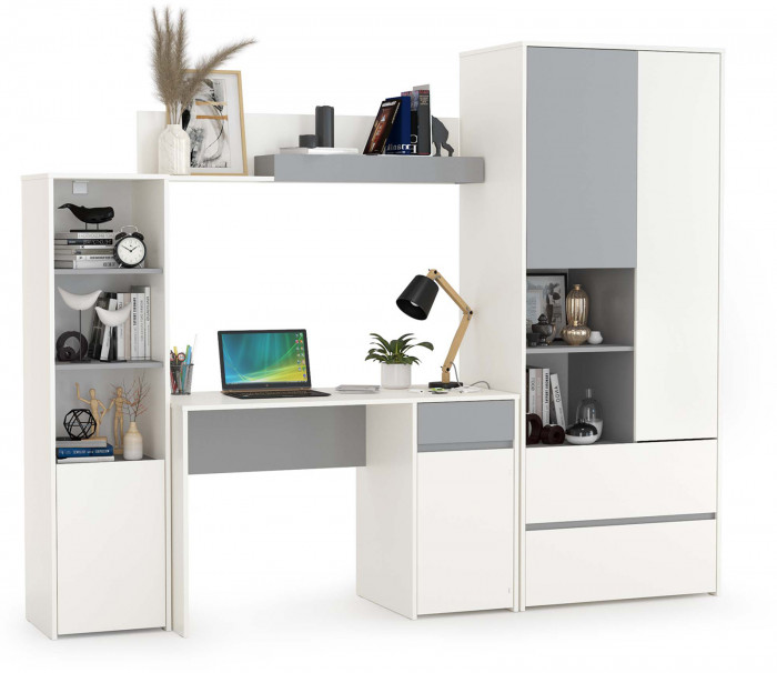 Торонто Компоновка № 04, цвет белый шагрень/стальной серый, ШхГхВ 240х53,1х195,7 см., универсальная сборка