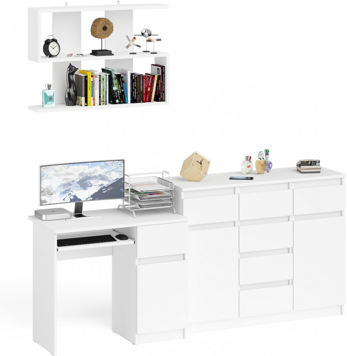 Мори компьютерный стол МС-1 правый + Комод МК1200.4 + Полка 900, белый