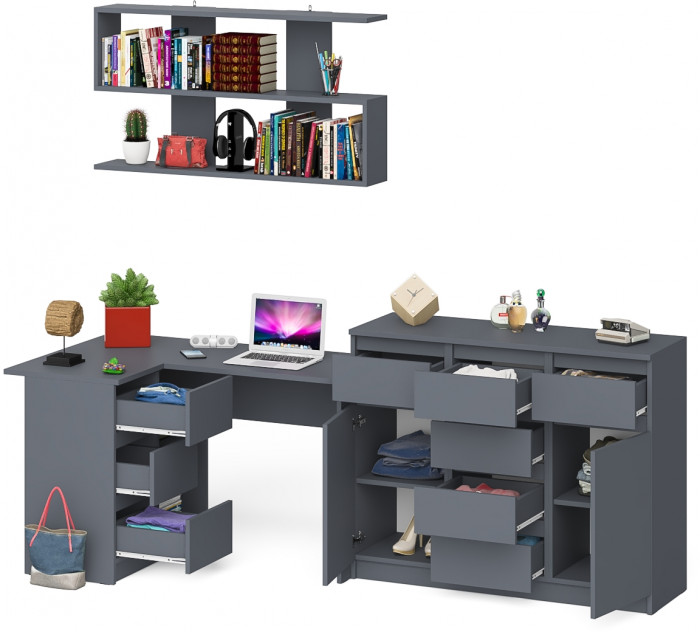 Мори компьютерный стол МС-16 левый + Комод МК1200.4 + Полка 1200, графит