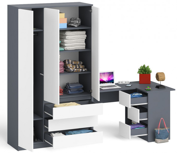 Мори компьютерный стол МС-16 правый + Шкаф МШ1200.1, графит/белый