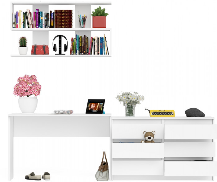 Мори Стол письменный МСП1200.1 + Комод МК1200.6 + Полка 1200, цвет белый, ШхГхВ 240,8х50х209,6 см., универсальная сборка