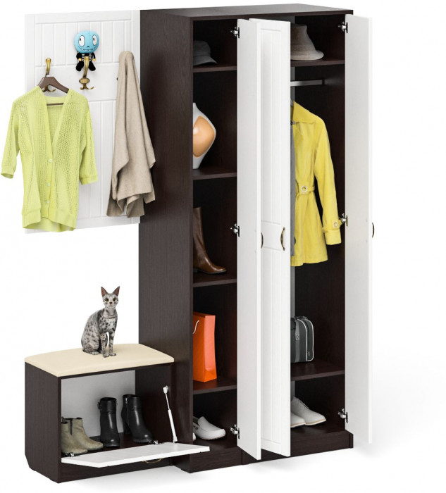 Прихожая П-6 Компоновка № 47, венге/фасады МДФ белое дерево фрезеровка прованс