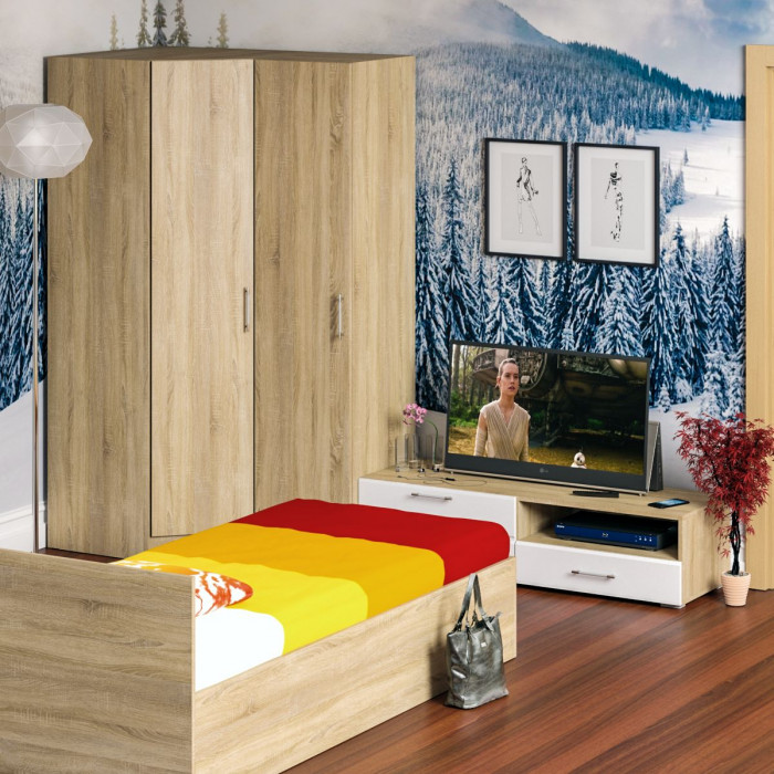 Спальня Стандарт 4-0900, дуб сонома/фасады ТВ тумбы МДФ белый глянец