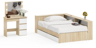 Ксения Кровать с ящиками 1200 + прикроватный блок + Столик с подсветкой Сура, дуб сонома/белый