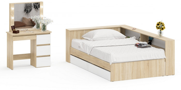 Ксения Кровать с ящиками 1200 + прикроватный блок + Столик с подсветкой Сура, дуб сонома/белый