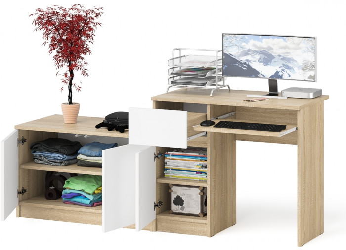 Мори компьютерный стол МС-1 левый + Тумба МА900.1, дуб сонома/белый