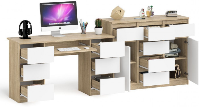 Мори компьютерный стол МС-2 + Комод МК1200.4, дуб сонома/белый