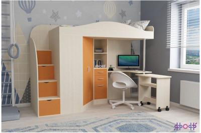 Кровать-чердак Юниор 4 (Дуб молочный/Оранжевый)