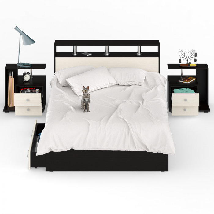 Камелия Кровать с ящиками 1400 + две тумбы, цвет венге/дуб лоредо, ШхГхВ 256х217х78,2 см., сп.м. 1400х2000 мм., без матраса, основание есть