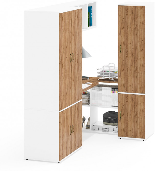 Лидер-8 Шкаф МД 19Б + Стол + Полка + Пенал 23Б, белый шагрень/крафт золото