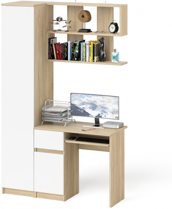 Мори компьютерный стол МС-1 левый + Пенал МШ400.1 + Полка 900, дуб сонома/белый
