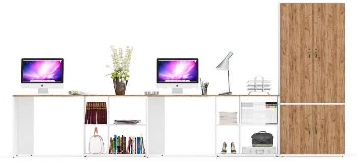 Лидер-8 Стол + Стол + Шкаф МД 20Б, цвет белый шагрень/крафт золото, ШхГхВ 410х50/37,5х75/190 или 230х160/50х75/190 см., НЕ универсальная сборка