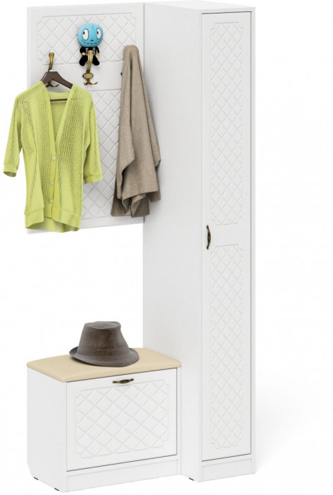 Прихожая П-6 Компоновка № 41, цвет белая шагрень/фасады МДФ белое дерево фрезеровка ромб, ШхГхВ 90х50х210 см., универсальная сборка