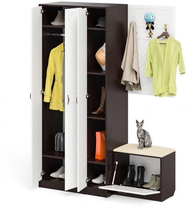 Прихожая П-6 Компоновка № 47, венге/фасады МДФ белое дерево фрезеровка ромб