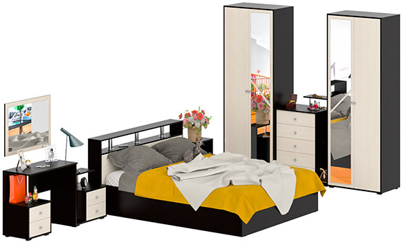 Камелия спальня № 3 Кровать 1600 + Две тумбы + Стол косметич. + Зеркало + Комод + Шкаф 4-х, венге/дуб лоредо