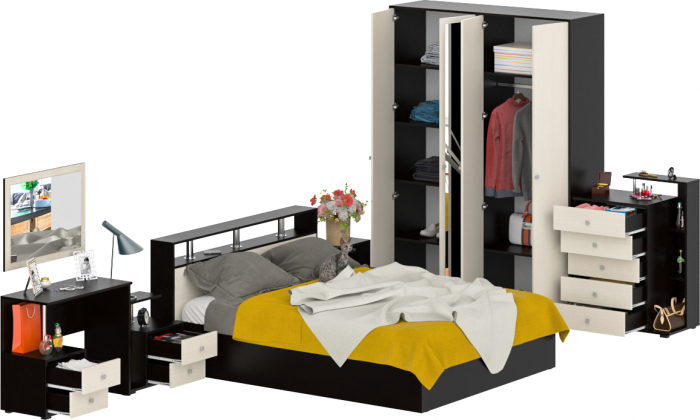 Камелия спальня № 3 Кровать 1600 + Две тумбы + Стол косметич. + Зеркало + Комод + Шкаф 4-х, венге/дуб лоредо