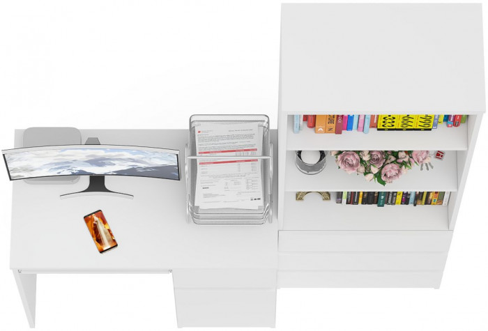 Мори компьютерный стол МС-1 правый + Стеллаж МСТ600.3, белый