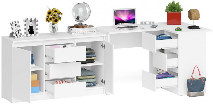 Мори компьютерный стол МС-16 правый + Комод МК1200.3, белый