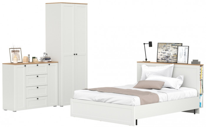 Остин 11.53 Кровать + ортопед + 13.224 Шкаф + 16.221 Комод, белый шагрень/дуб крафт золотой