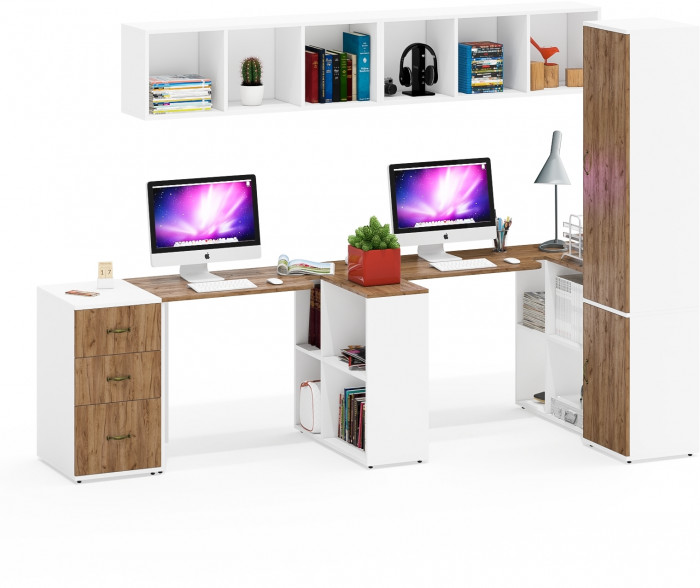 Лидер-8 Стол + Полка + Стол + Полка + Пенал МД 22Б + Тумба МД 3.16, цвет белый шагрень/крафт золото, 410х50х75/190 или 270х120/50х75/190, НЕ ун. сб.