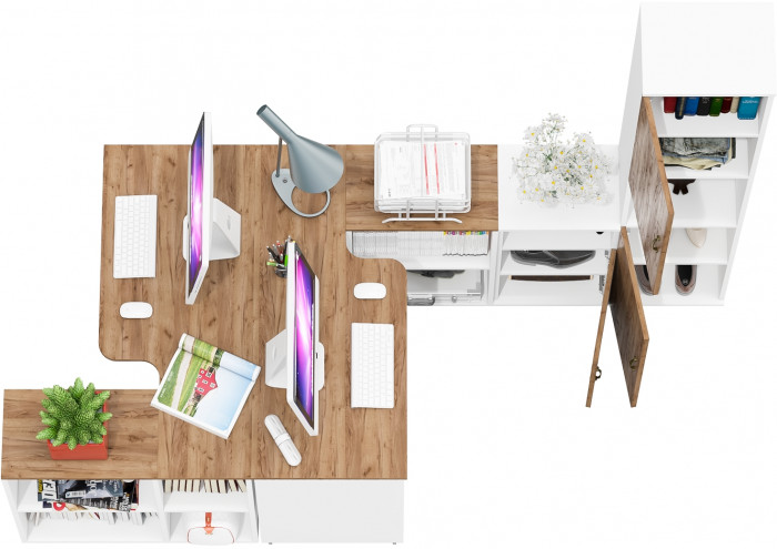 Лидер-8 Стол + Стол + Пенал + Тумба МД 3.19, цвет белый шагрень/крафт золото, ШхГхВ 410х50/30х75/190 см. или 230х50/160х75/190 см., НЕ универс. сборка