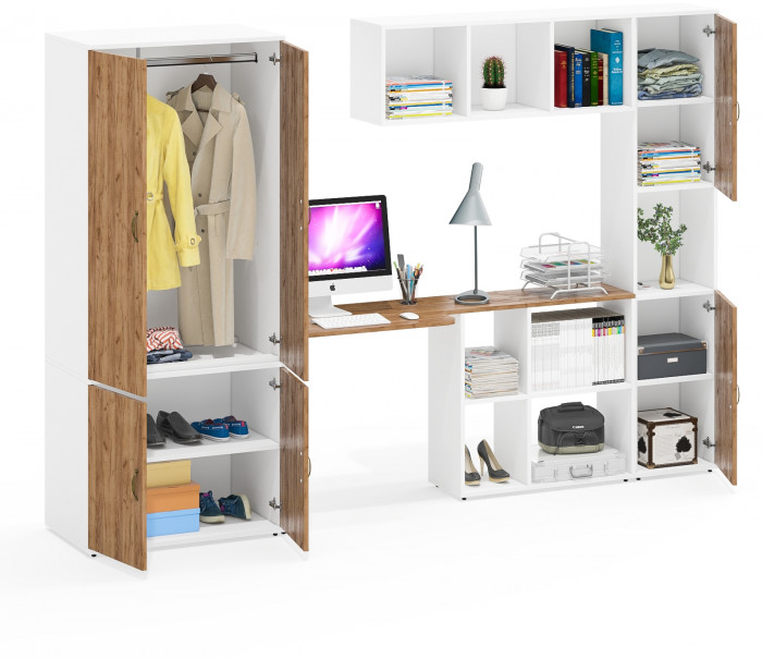 Лидер-8 Шкаф МД 19Б + Стол + Полка + Пенал, белый шагрень/крафт золото