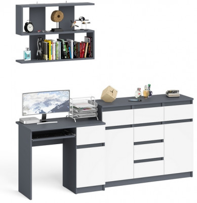 Мори компьютерный стол МС-1 правый + Комод МК1200.4 + Полка 900, графит/белый