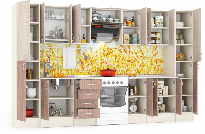 Кухня Мери 11 Пенал+ШВ600+ШВ400+ШВв600+ШВ400+ШВ600+Пенал+ШН600+ШН4Я400+ШН400+ШН600, цвет дуб/ясень шимо светлый/тёмный, ШхГхВ 340х60х212 см.