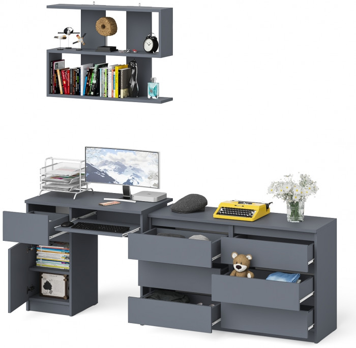 Мори компьютерный стол МС-1 левый + Комод МК1200.6 + Полка 900, графит