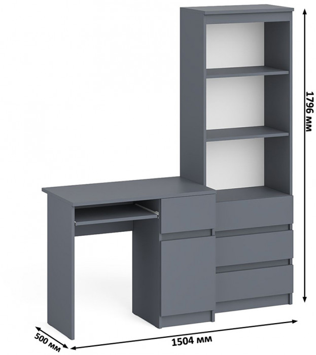 Мори компьютерный стол МС-1 правый + Стеллаж МСТ600.3, графит