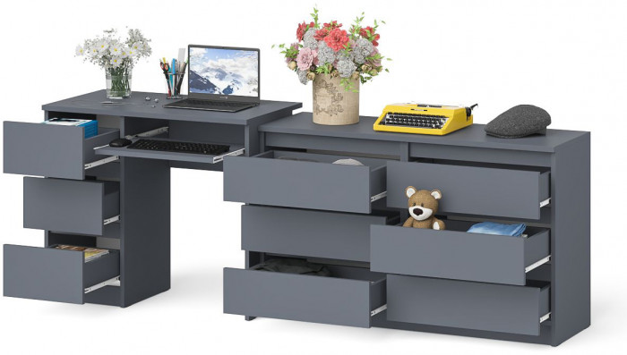 Мори компьютерный стол МС-6 левый + Комод МК1200.6, графит