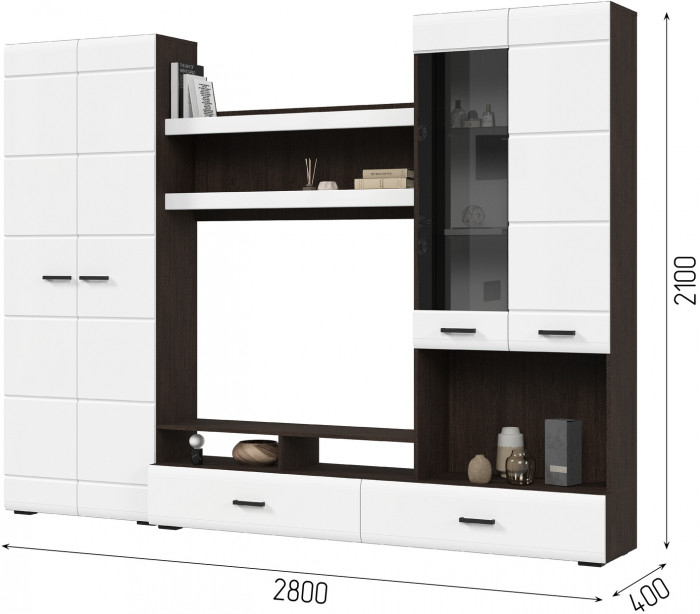 ЛИБЕРТИ ГС 01 Гостиная (2800х2100х400) Фасад МДФ БЕЛЫЙ ГЛЯНЕЦ/Корпус ВЕНГЕ