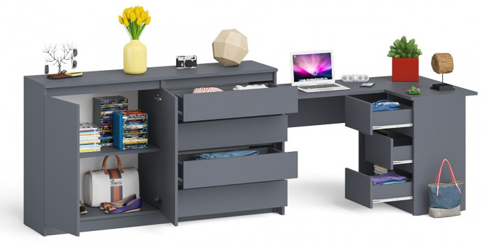 Мори Стол компьютерный МС-16 правый + Комод МК1600.1, цвет графит, ШхГхВ 284,8х84,9х94 см., выдвижные ящики справа, НЕ универсальная сборка
