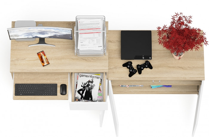 Мори компьютерный стол МС-1 правый + Тумба МА900.1, дуб сонома/белый