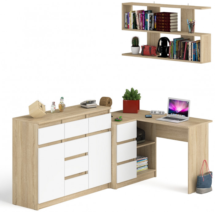 Мори компьютерный стол МС-16 левый + Комод МК1200.4 + Полка 1200, дуб сонома/белый