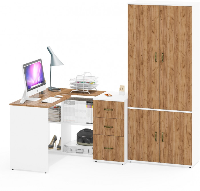 Лидер-8 Стол + Тумба МД 3.16 + Шкаф МД 20Б, цвет белый шагрень/крафт золото, ШхГхВ 285х50/37,5х75/190 или 115х200/50х75/190 см., НЕ ун. сборка