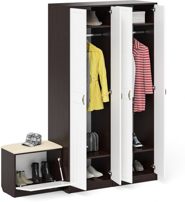 Прихожая П-6 Компоновка № 07, цвет венге/фасады МДФ белое дерево фрезеровка прованс, ШхГхВ 180х50х210 см., универсальная сборка