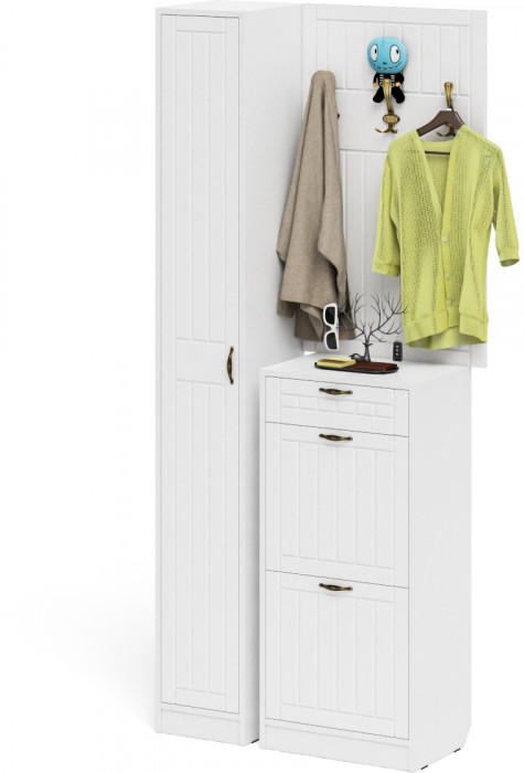 Прихожая П-6 Компоновка № 24, цвет белая шагрень/фасады МДФ белое дерево фрезеровка прованс, ШхГхВ 90х35х220 см., универсальная сборка