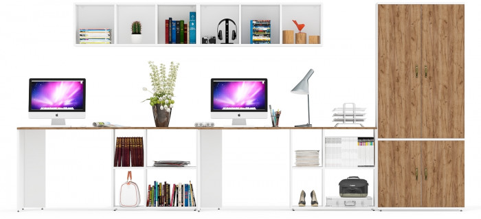 Лидер-8 Стол + Полка + Стол + Полка + Шкаф МД 20Б, белый шагрень/крафт золото